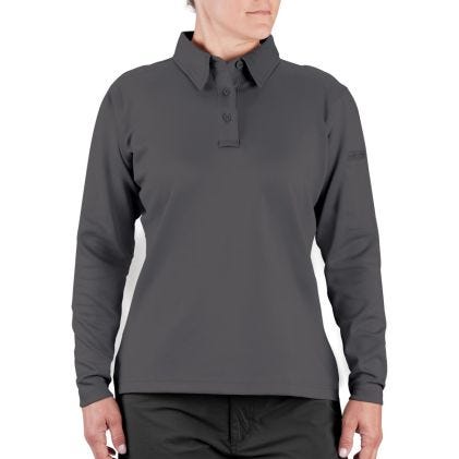 Person wearing a dark gray long-sleeve polo shirt on a white background