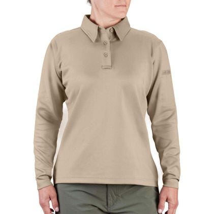 Person wearing a tan long-sleeve polo shirt on a white background