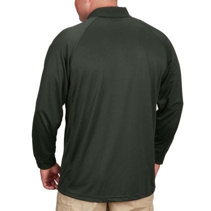 Person wearing a dark green long-sleeve shirt with a quarter-zip design on a white background