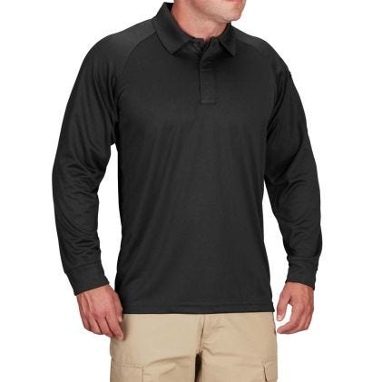 Black long-sleeve polo shirt worn by a person on a white background
