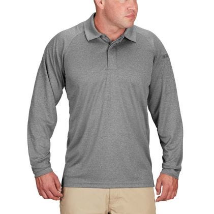 Man wearing a gray long-sleeve polo shirt on a white background