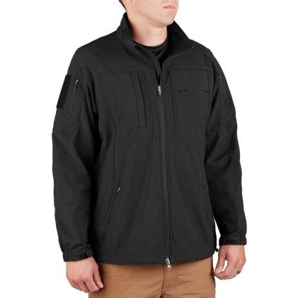 Black jacket worn by a person on a white background