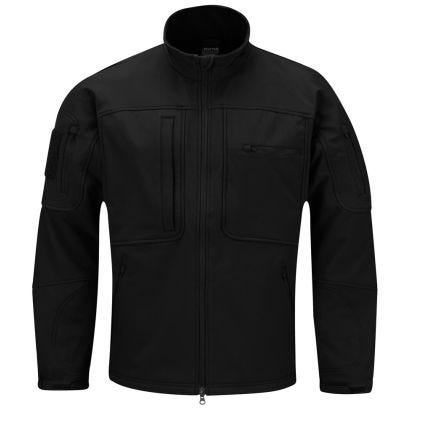 Black jacket with multiple pockets on a white background