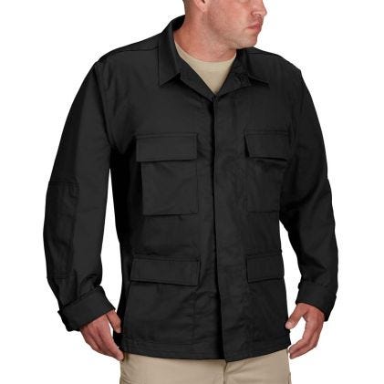 Black field jacket worn by a person on a white background