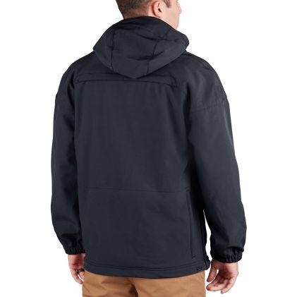 Person wearing a black jacket with a hood on a white background
