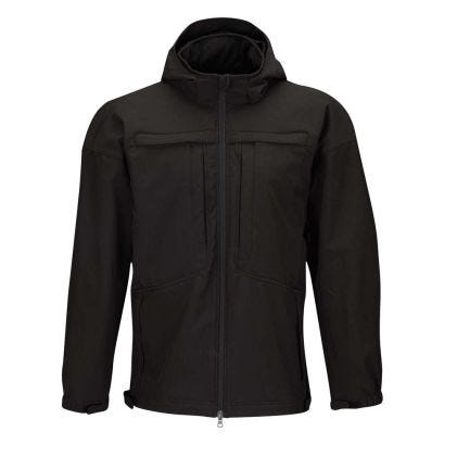 Black jacket with a hood on a white background