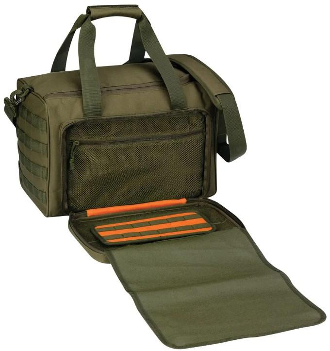 Green tactical bag with orange accents on a white background