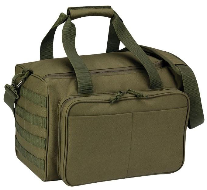 Green tactical bag with multiple pockets and straps on a white background