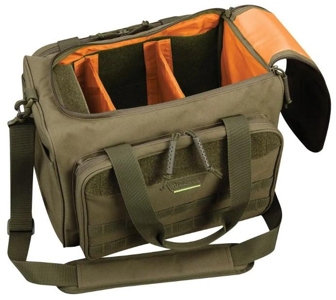 Olive green and orange tactical bag with multiple compartments on a white background