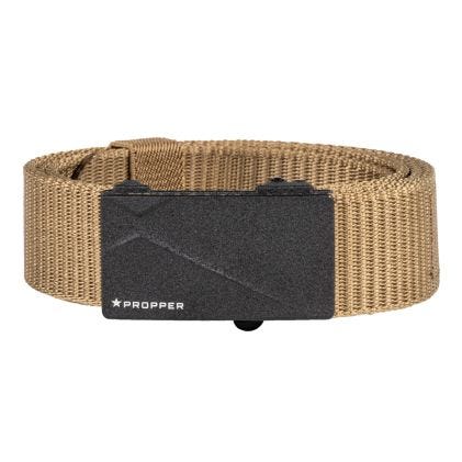 Tan belt with a black buckle on a white background, featuring the Propper brand.