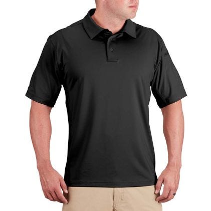Man wearing a black polo shirt on a white background