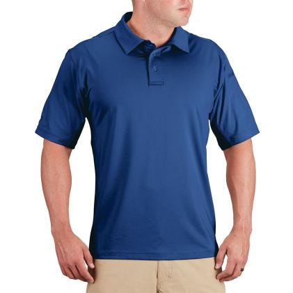 Man wearing a blue polo shirt on a white background