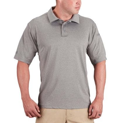 Man wearing a gray polo shirt on a white background