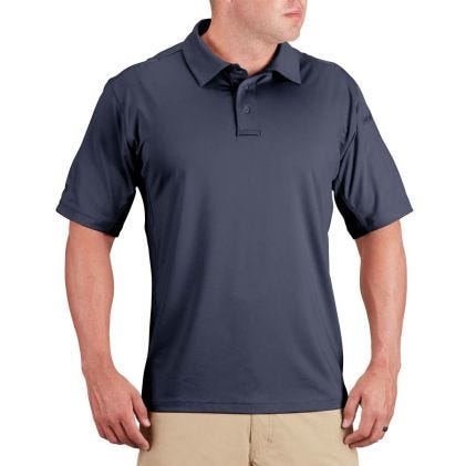 Man wearing a navy blue polo shirt on a white background