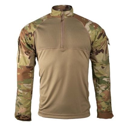 Camouflage long-sleeve shirt with a quarter zip on a white background