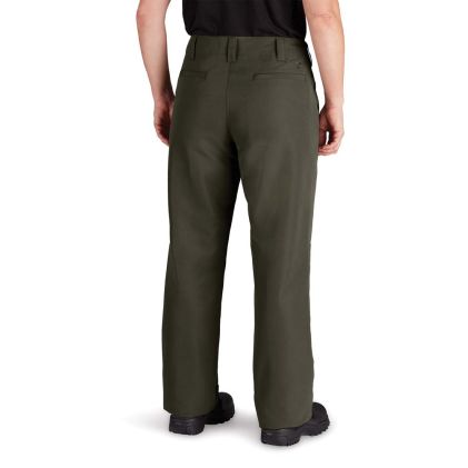 Person wearing olive green pants on a white background