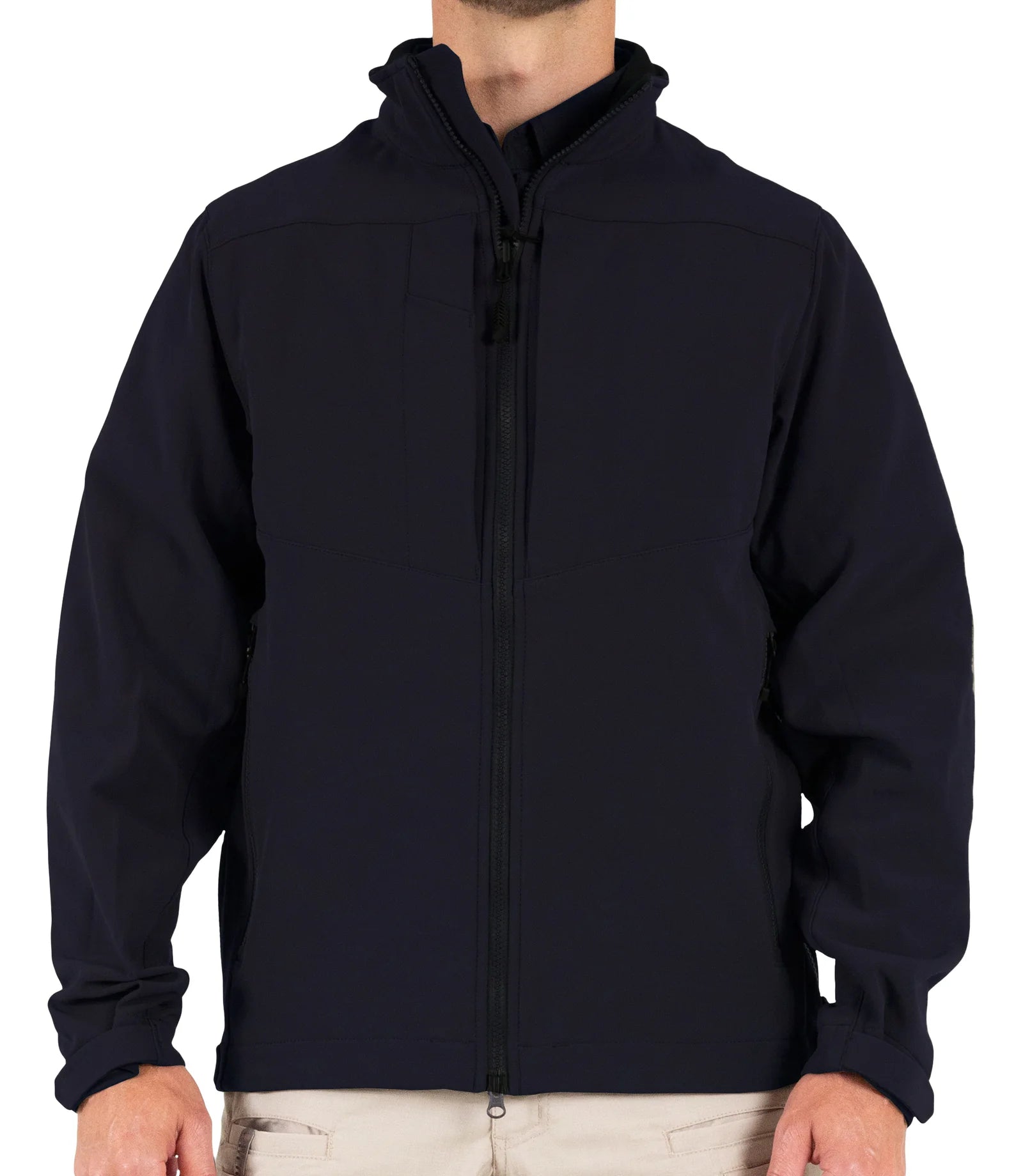 Black jacket worn by a person on a white background