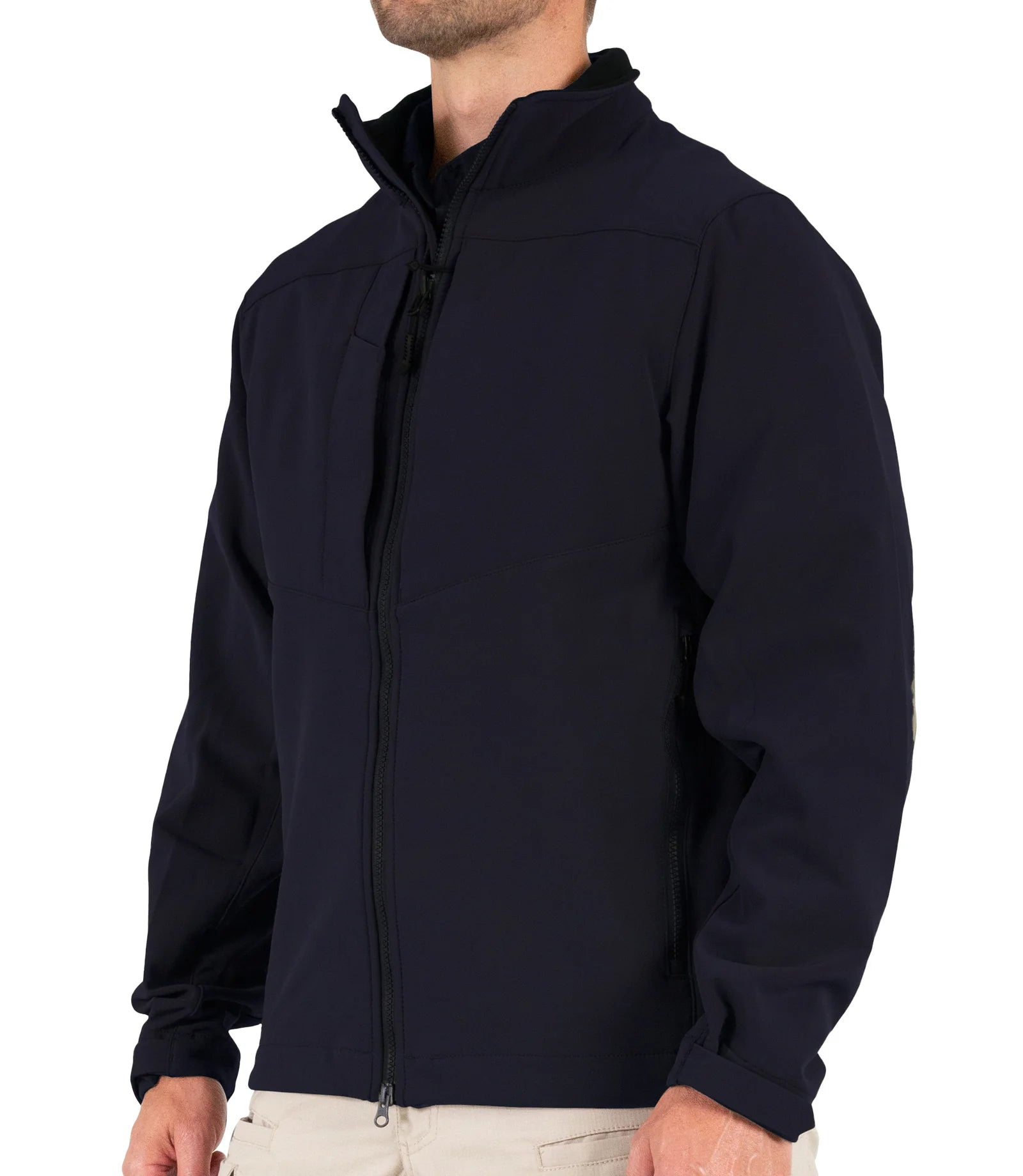 Man wearing a navy blue jacket on a white background