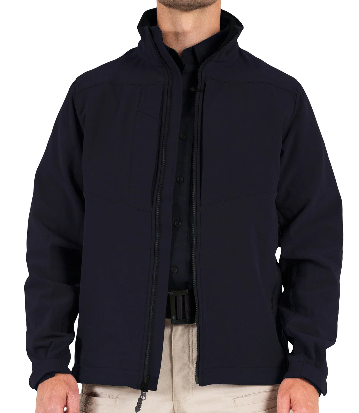 Person wearing a black jacket on a white background