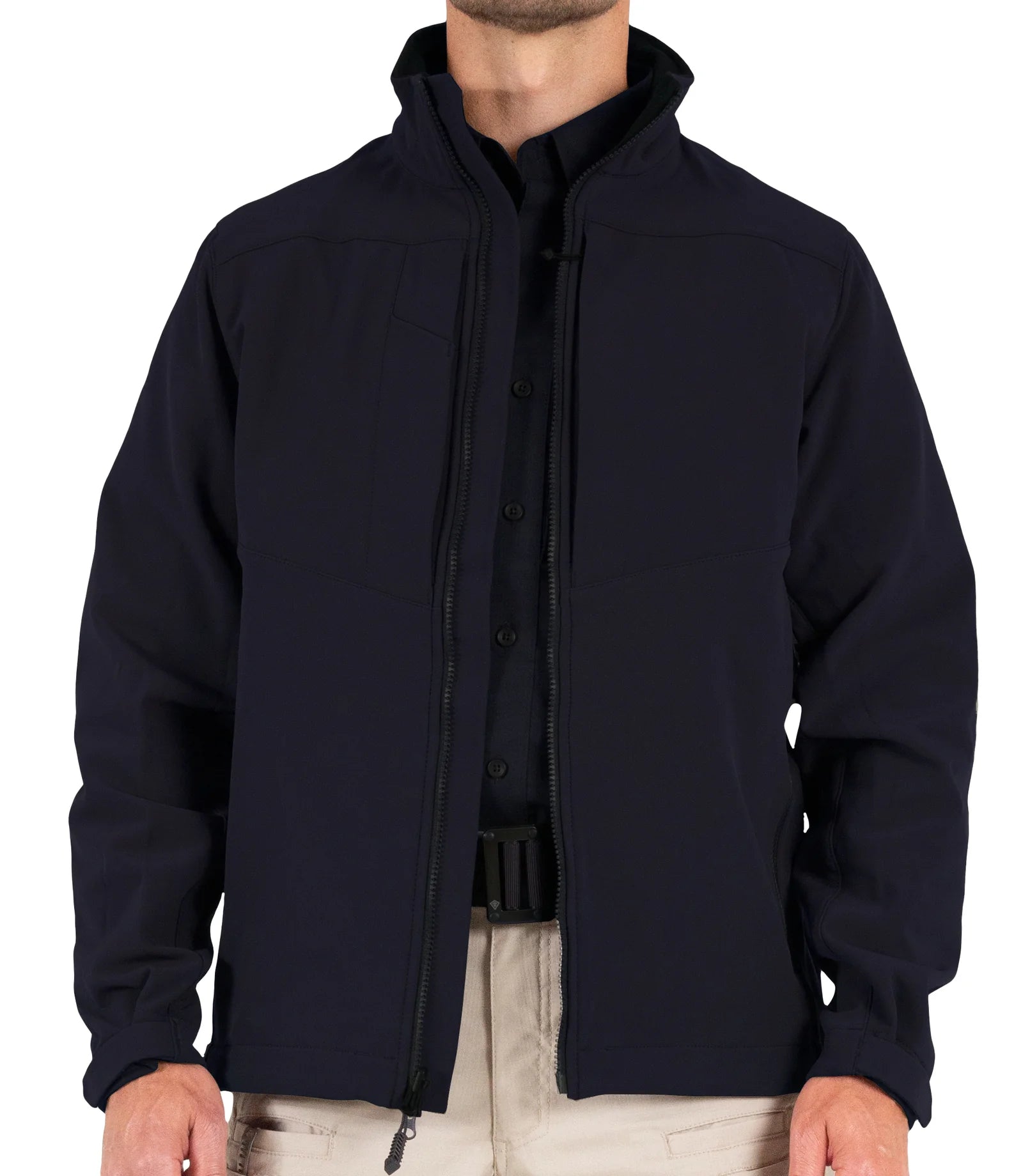 Person wearing a black jacket on a white background