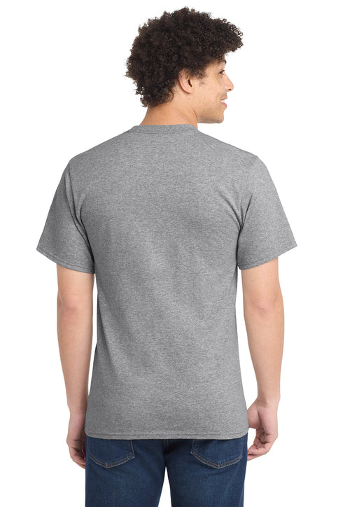 Man wearing a gray t-shirt on a white background