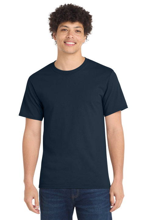 Person wearing a navy blue t-shirt on a white background