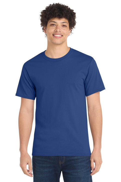 Person wearing a blue t-shirt on a white background