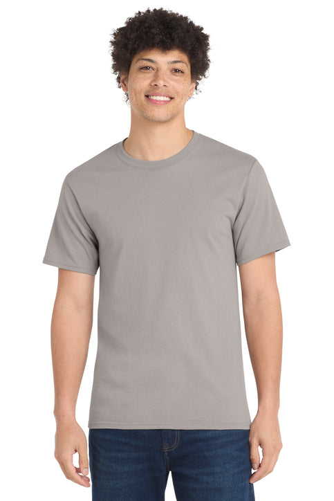 Person wearing a gray t-shirt on a white background