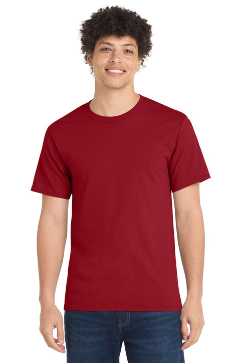 Person wearing a red t-shirt on a white background