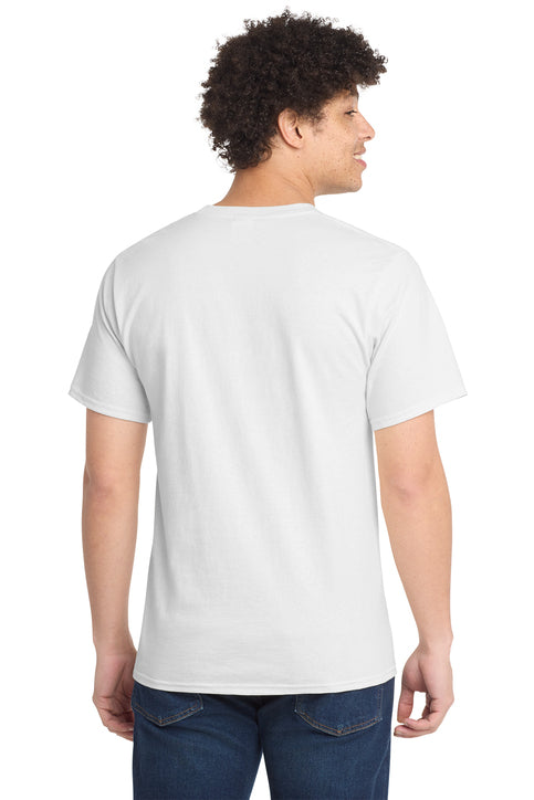 Man wearing a plain white t-shirt on a white background