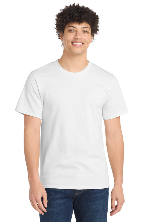 Person wearing a plain white t-shirt on a white background