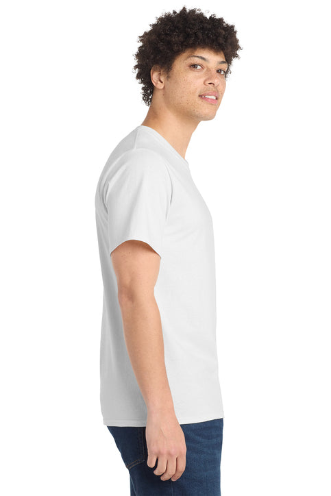 Person wearing a plain white t-shirt on a white background