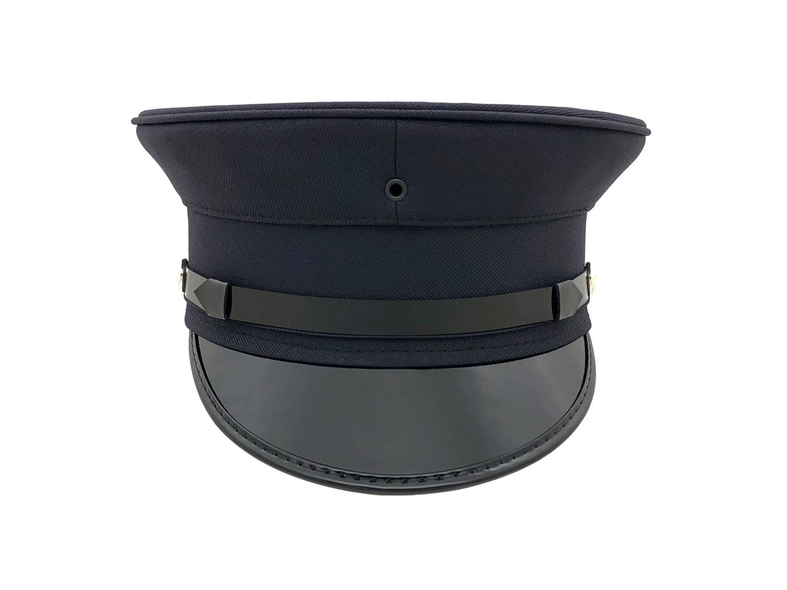 Black police hat with a wide brim on a white background