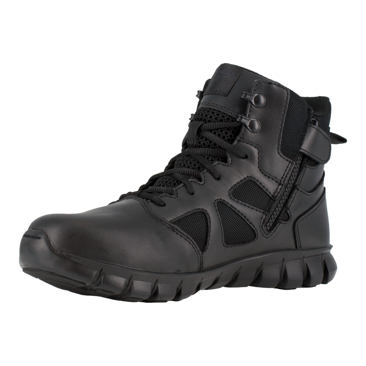 Black tactical boot on a white background