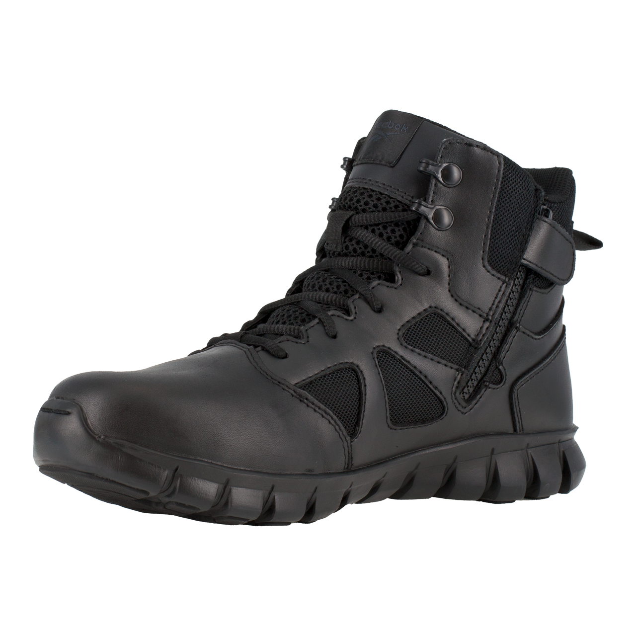 Black tactical boot on a white background