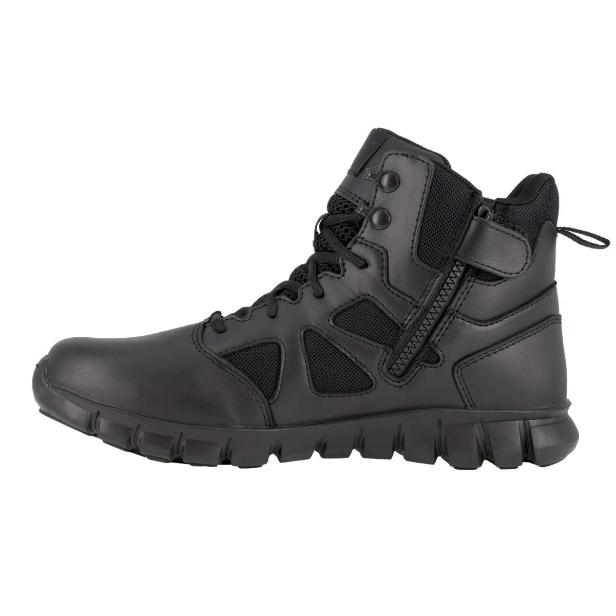 Black tactical boot on a white background