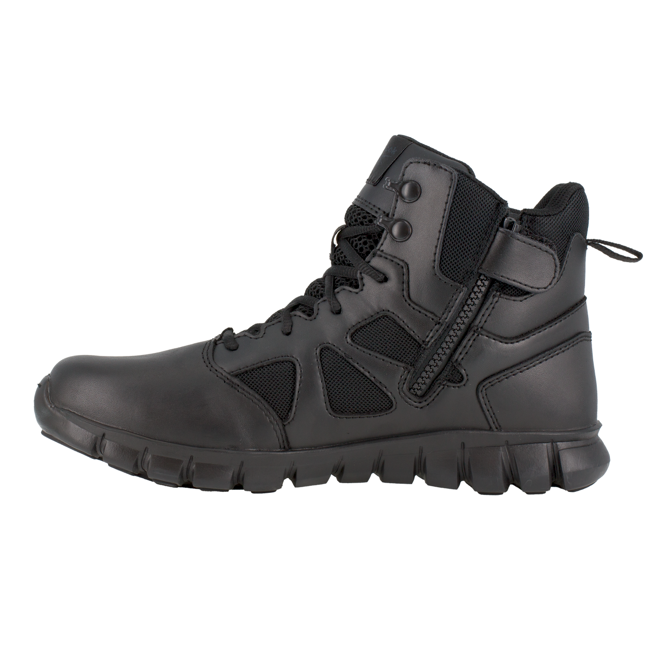 Black tactical boot on a white background