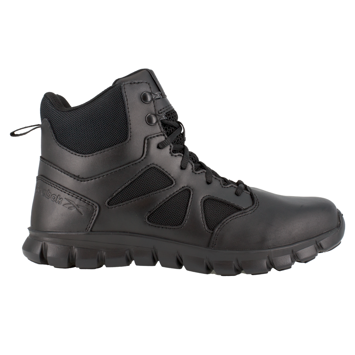 Black high-top sneaker with Reebok logo on a white background