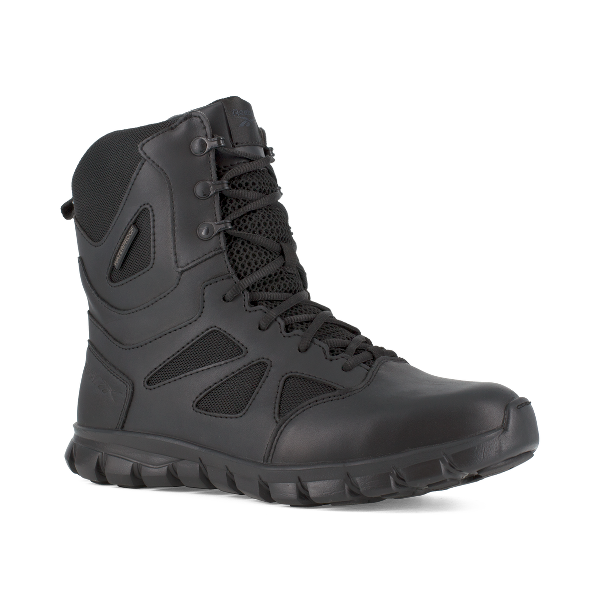 Black tactical boot on a white background