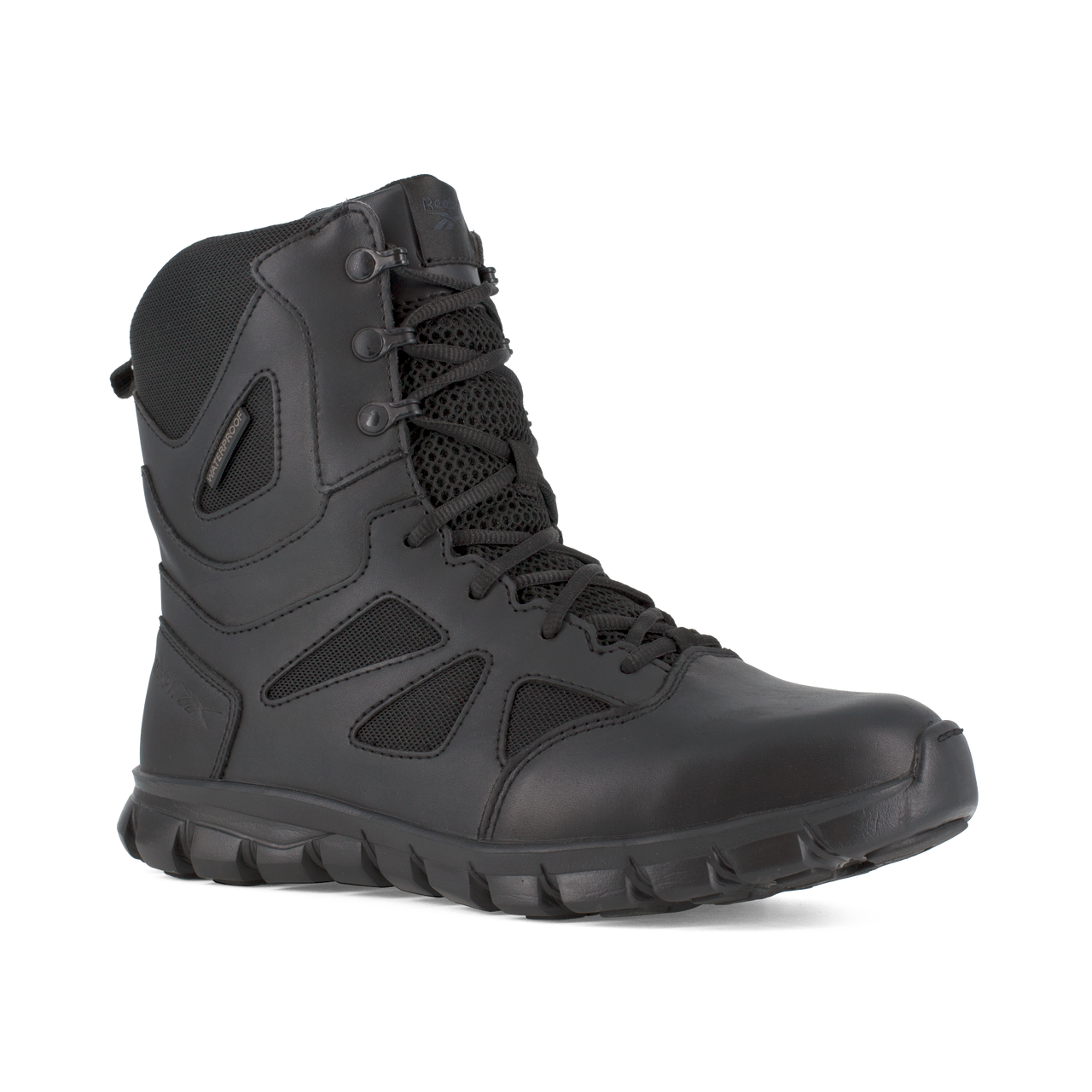 Black tactical boot on a white background