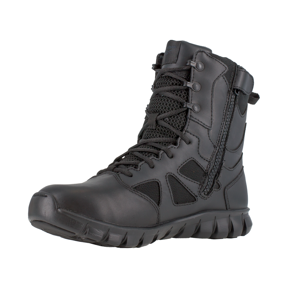 Black tactical boot on a white background