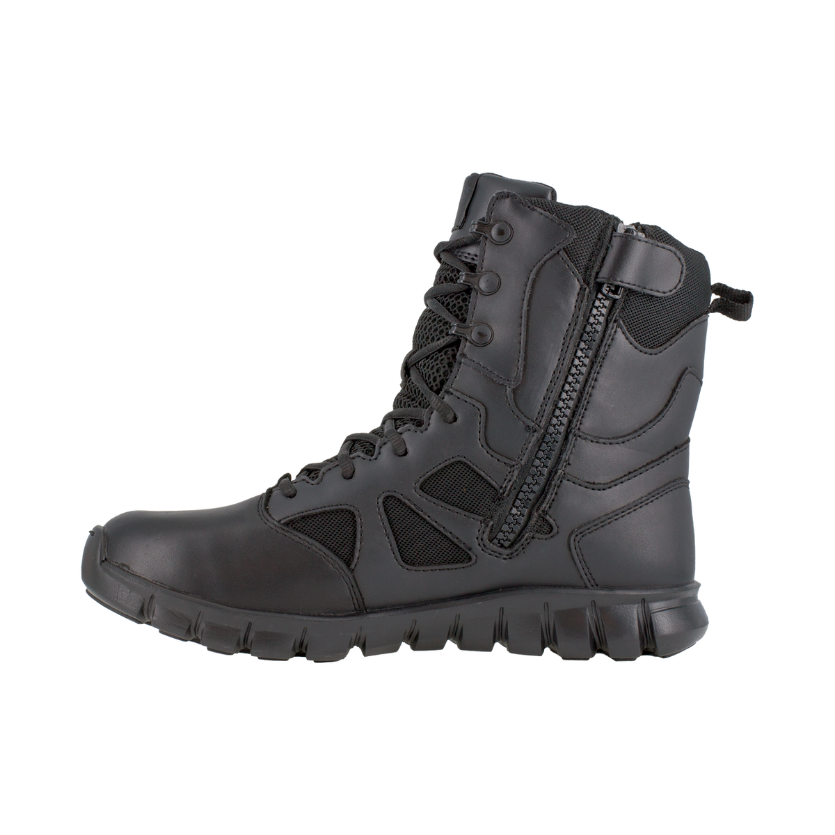 Black tactical boot with zipper on a white background