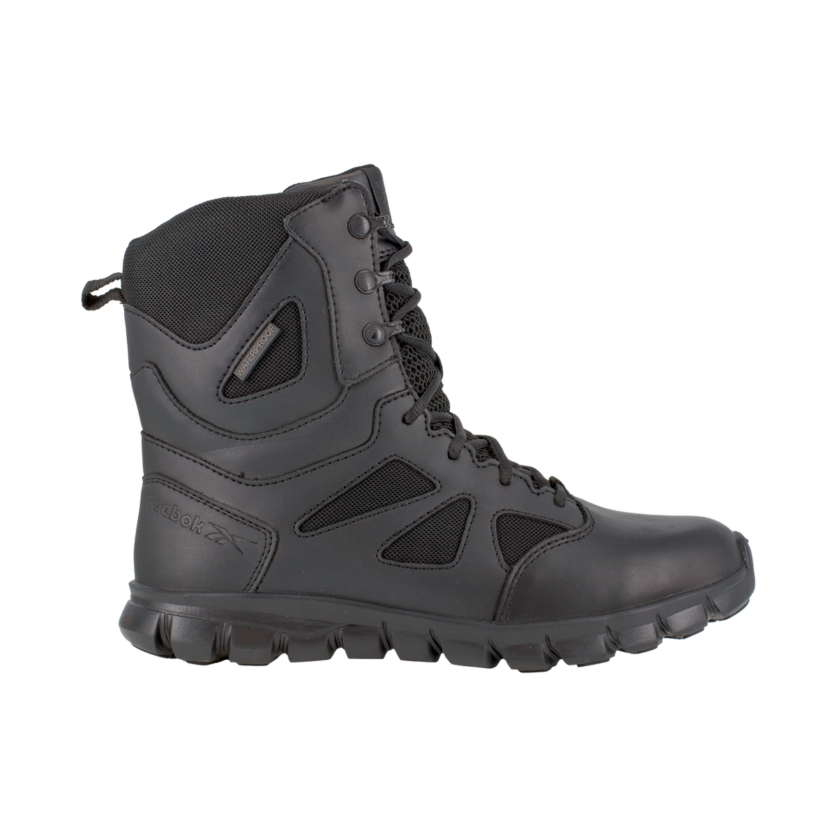 Black tactical boot on a white background