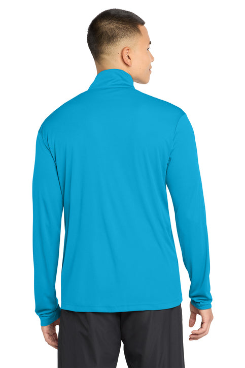 Person wearing a blue long-sleeve shirt on a white background