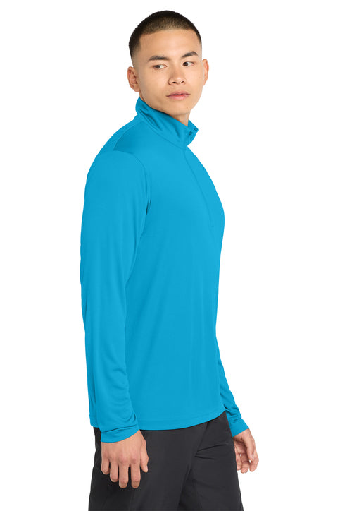 Person wearing a blue long-sleeve shirt on a white background