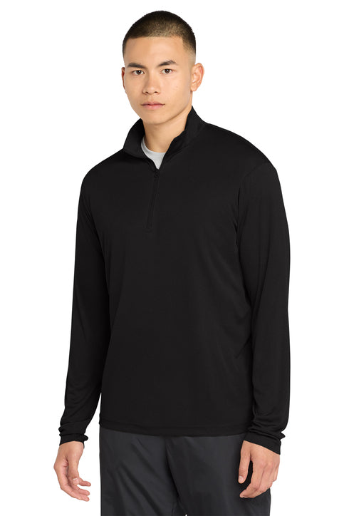 Man wearing a black long-sleeve shirt on a white background