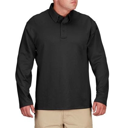 Black long-sleeve polo shirt worn by a person on a white background