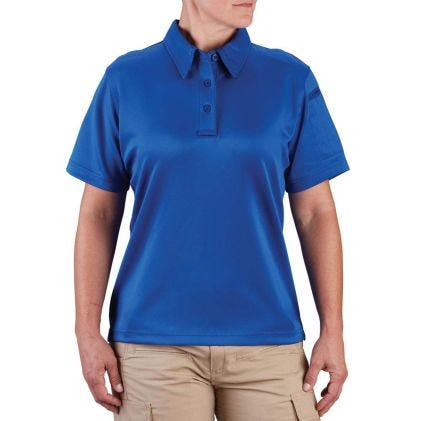 Person wearing a blue polo shirt on a white background