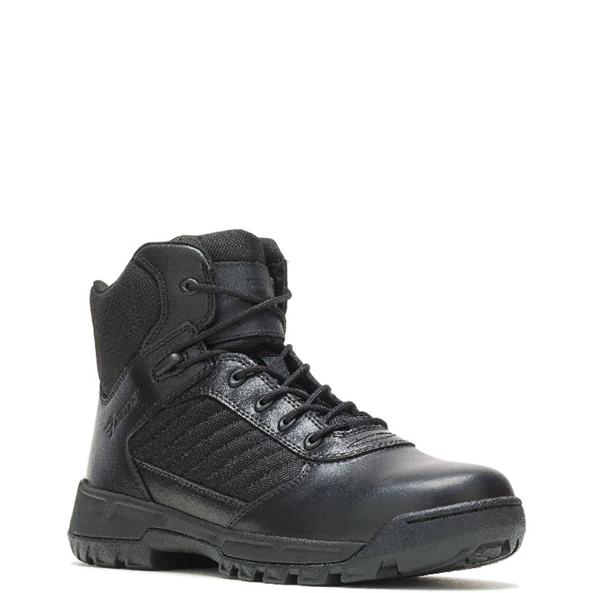 Black tactical boot on a white background