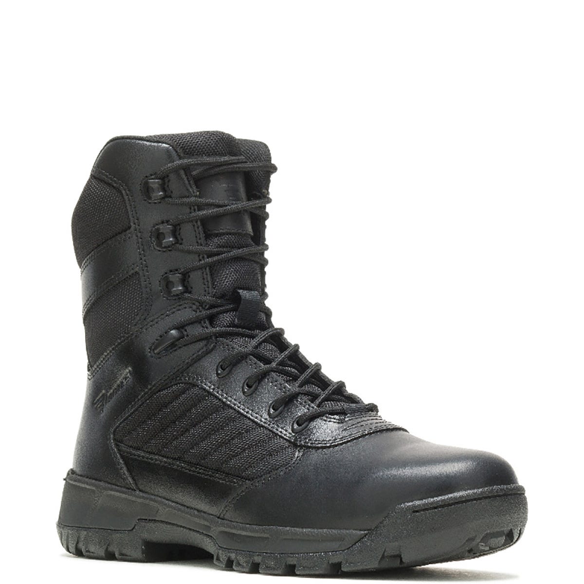 Black tactical boot on a white background